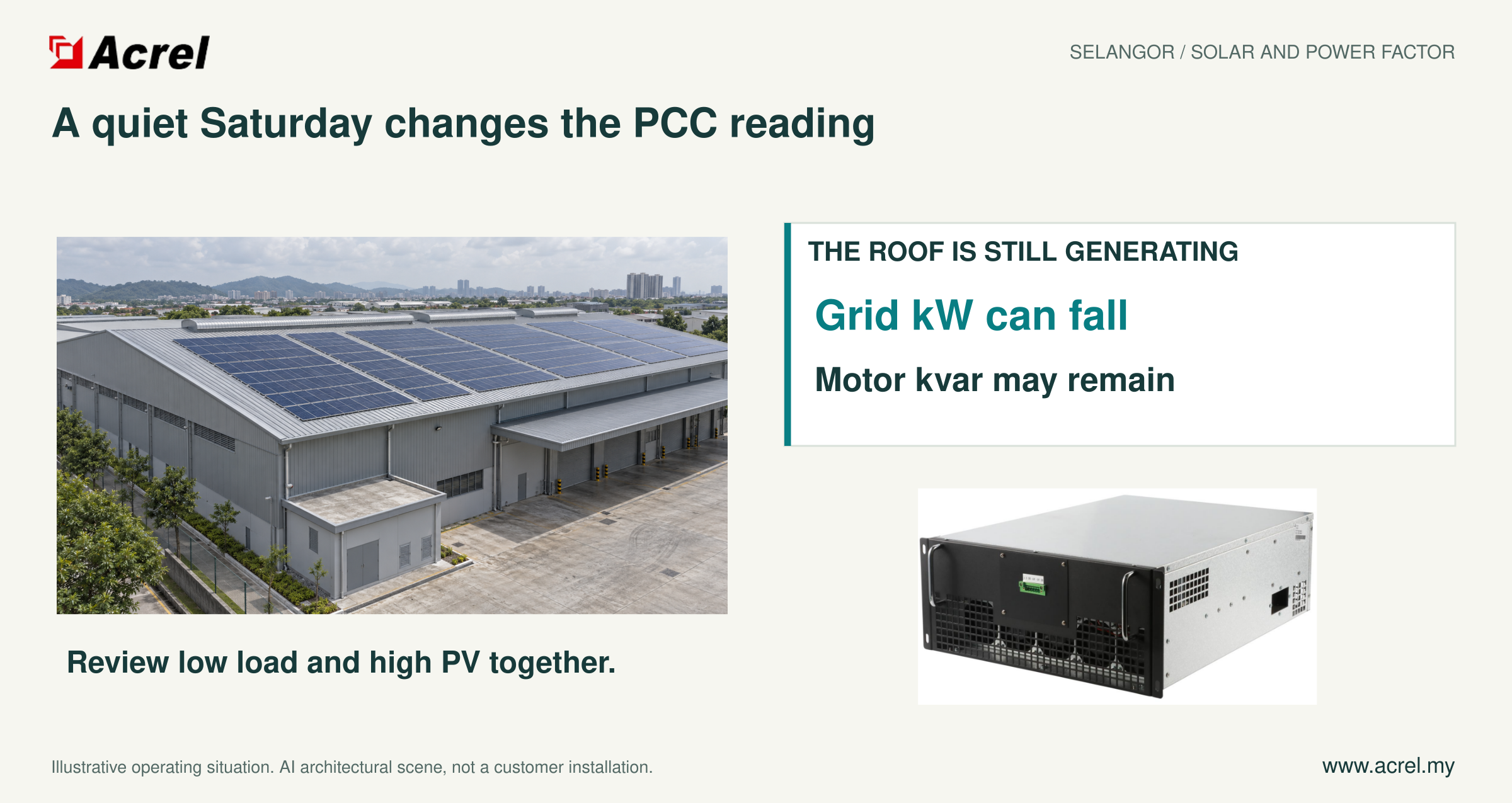 A PV roof scene is paired with the separate active and reactive power implications of a reduced-production shift, alongside the real ANSVG.